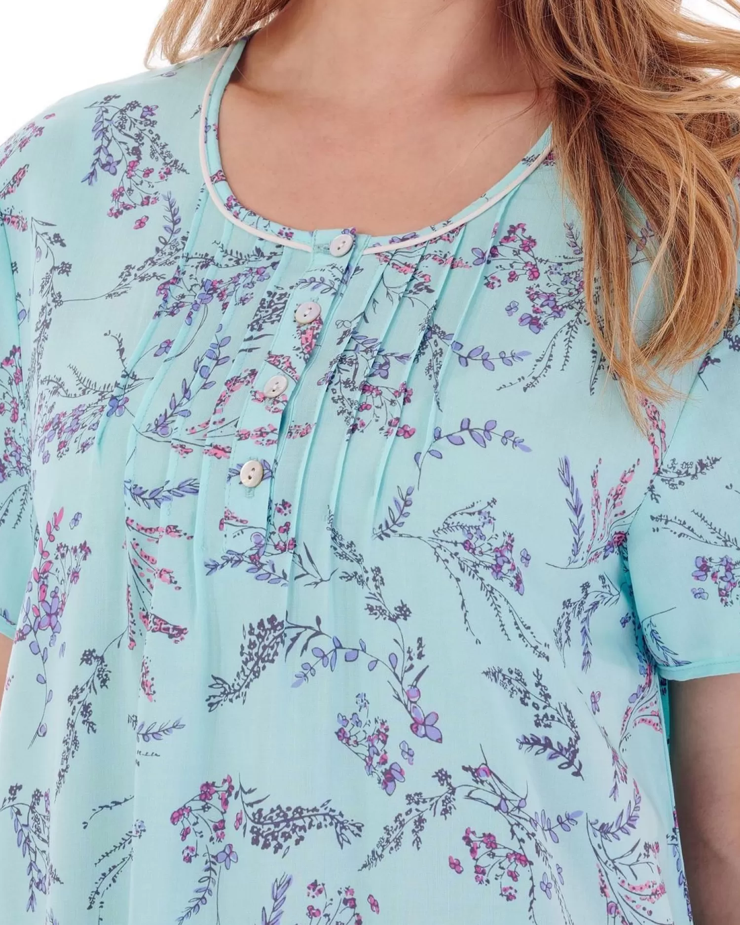 Slenderella Nighties | Floral Short Sleeve Nightdress - Aqua