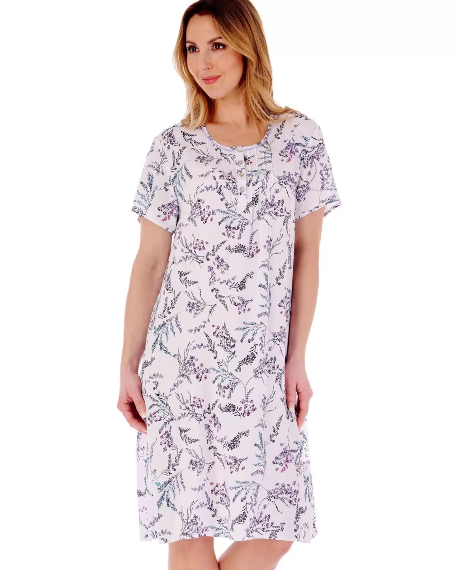 Slenderella Nighties | Floral Short Sleeve Nightdress - White