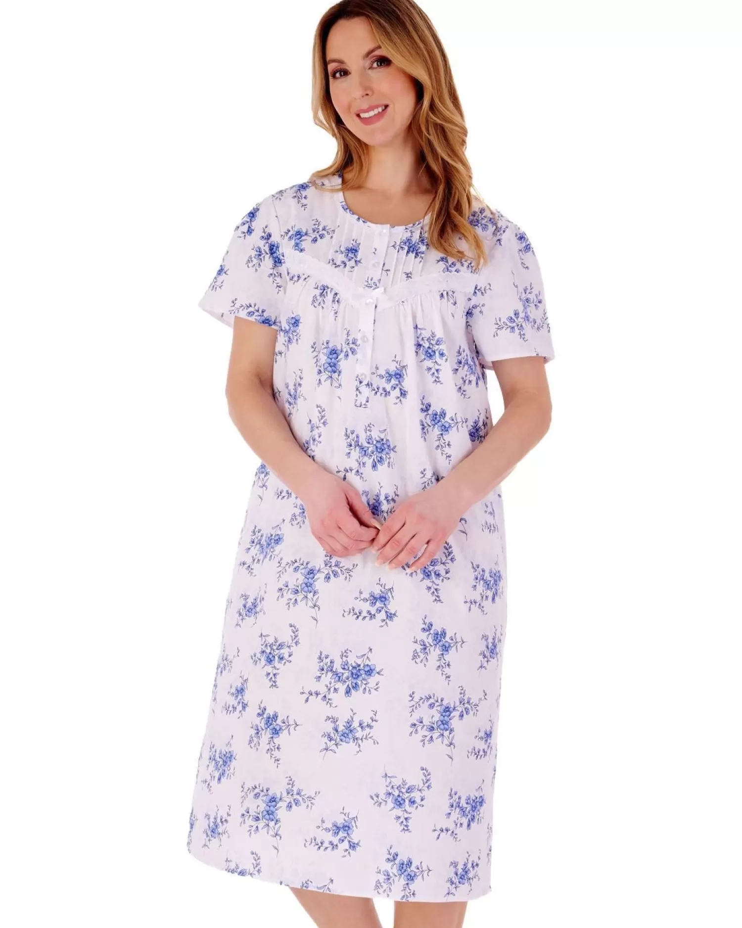 Slenderella Nighties | Floral Short Sleeve Woven Nightdress - Blue