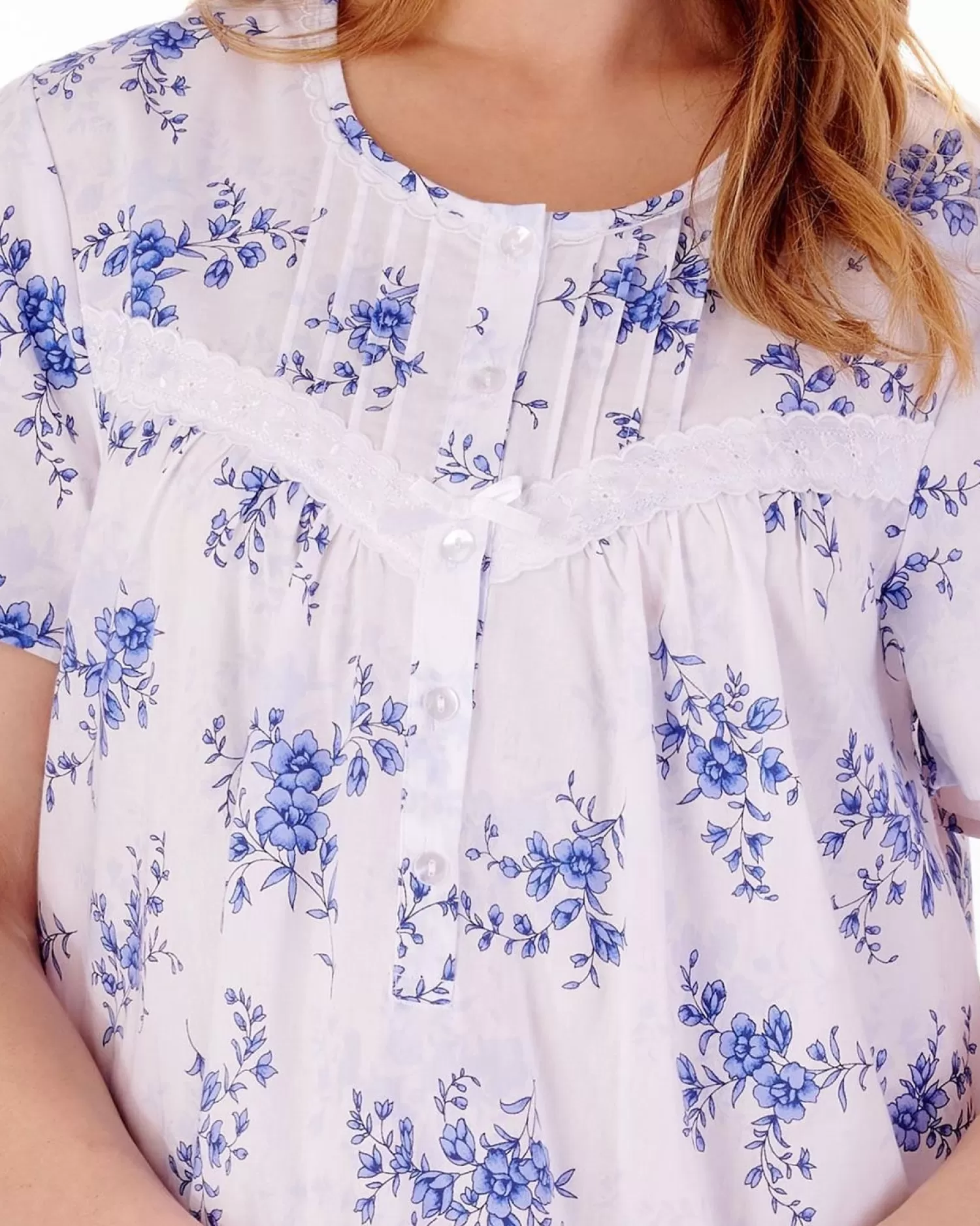 Slenderella Nighties | Floral Short Sleeve Woven Nightdress - Blue