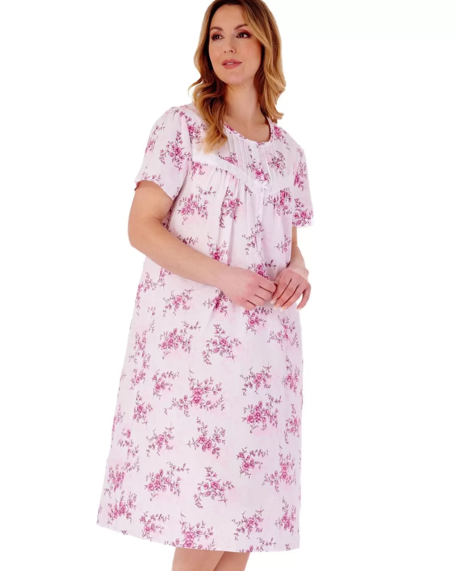 Slenderella Nighties | Floral Short Sleeve Woven Nightdress - Pink