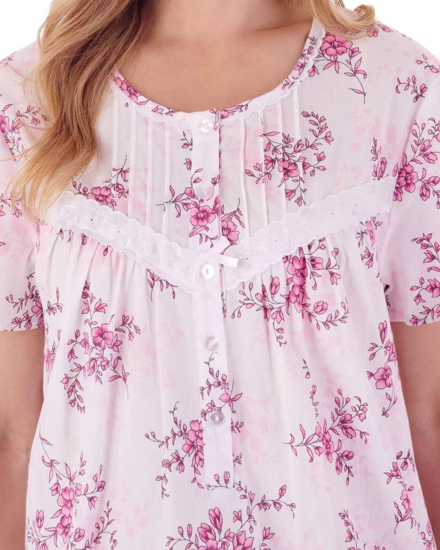 Slenderella Nighties | Floral Short Sleeve Woven Nightdress - Pink