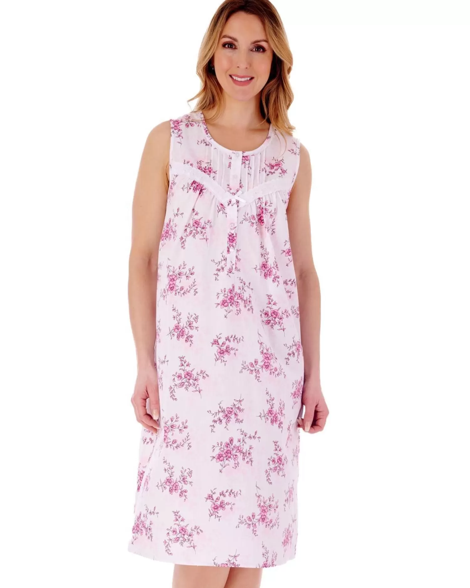 Slenderella Nighties | Floral Sleeveless Woven Nightdress - Pink