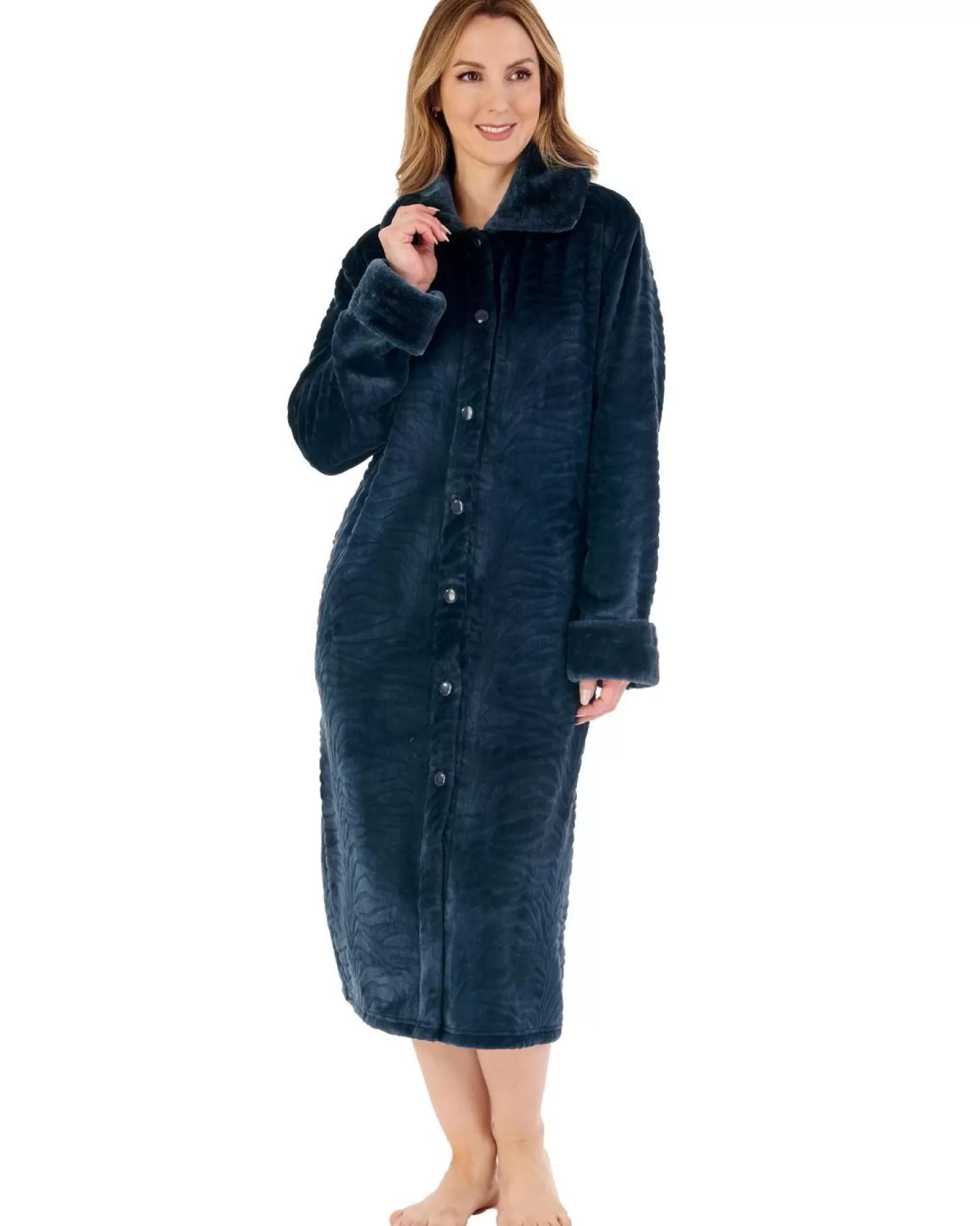 Slenderella Dressing Gowns | Fur Collar Embossed Button Dressing Gown - Petrol