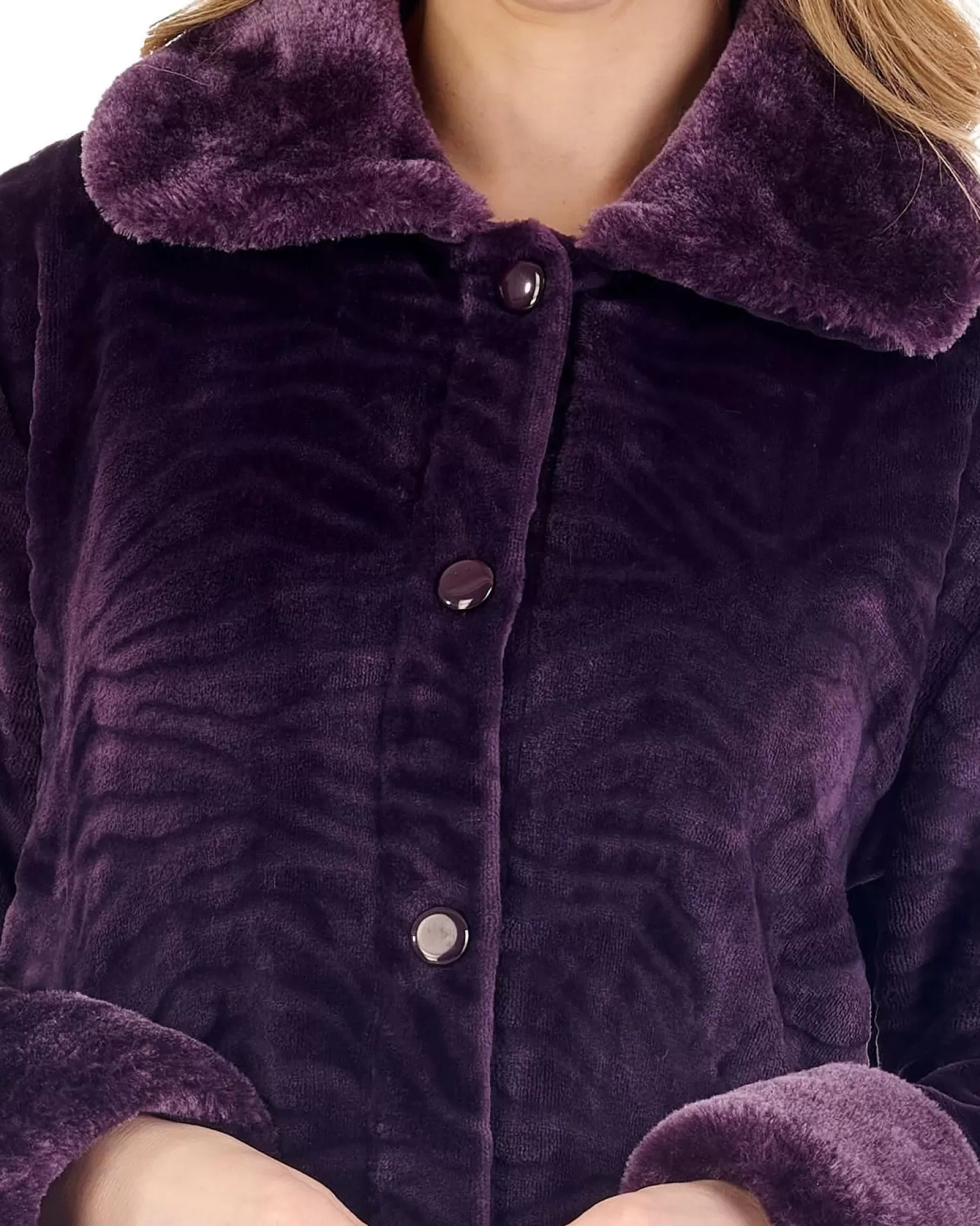 Slenderella Dressing Gowns | Fur Collar Embossed Button Dressing Gown - Purple