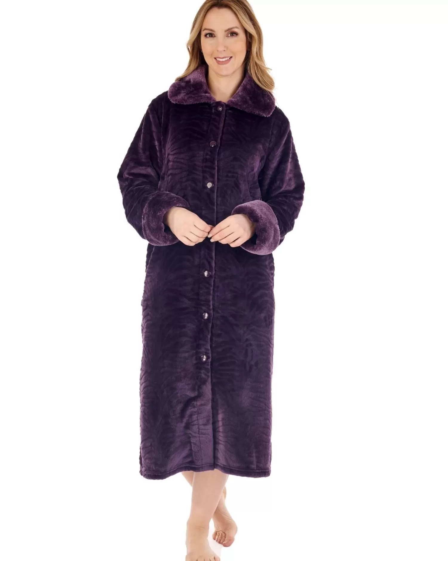 Slenderella Dressing Gowns | Fur Collar Embossed Button Dressing Gown - Purple