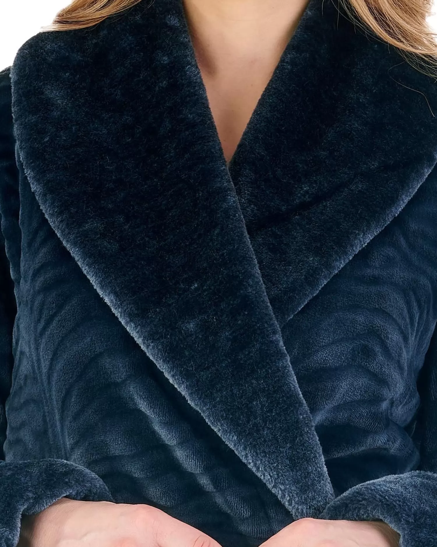 Slenderella Dressing Gowns | Fur Collar Embossed Wrap Dressing Gown - Petrol