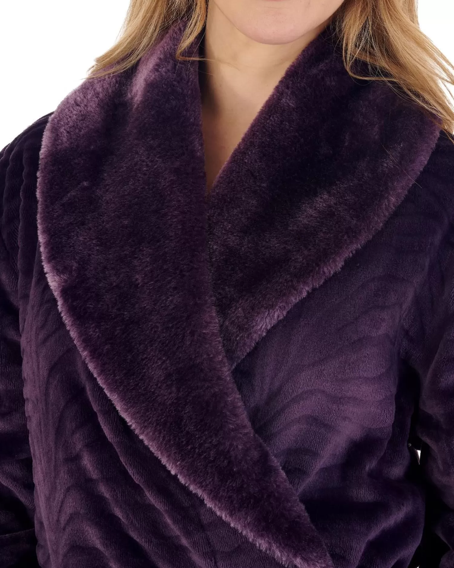 Slenderella Dressing Gowns | Fur Collar Embossed Wrap Dressing Gown - Purple