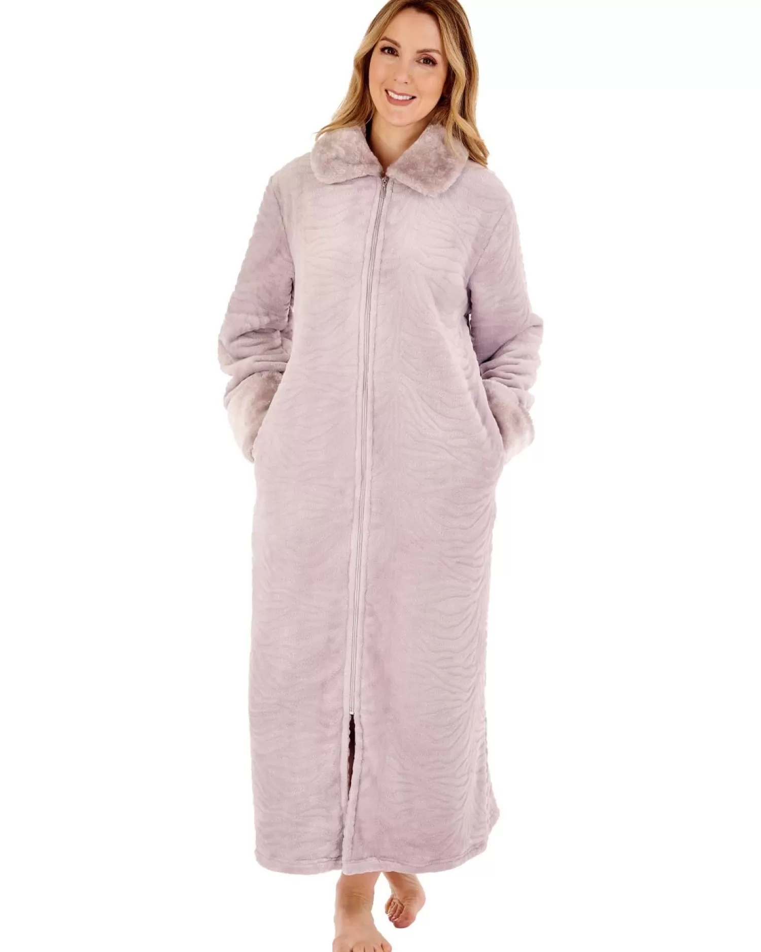 Slenderella Dressing Gowns | Fur Collar Embossed Zip Dressing Gown - Grey