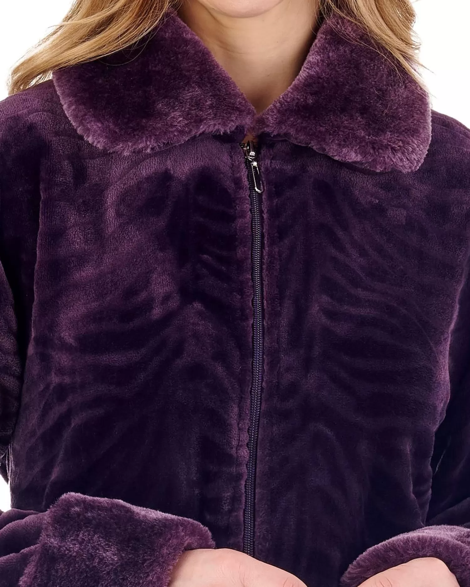 Slenderella Dressing Gowns | Fur Collar Embossed Zip Dressing Gown - Purple