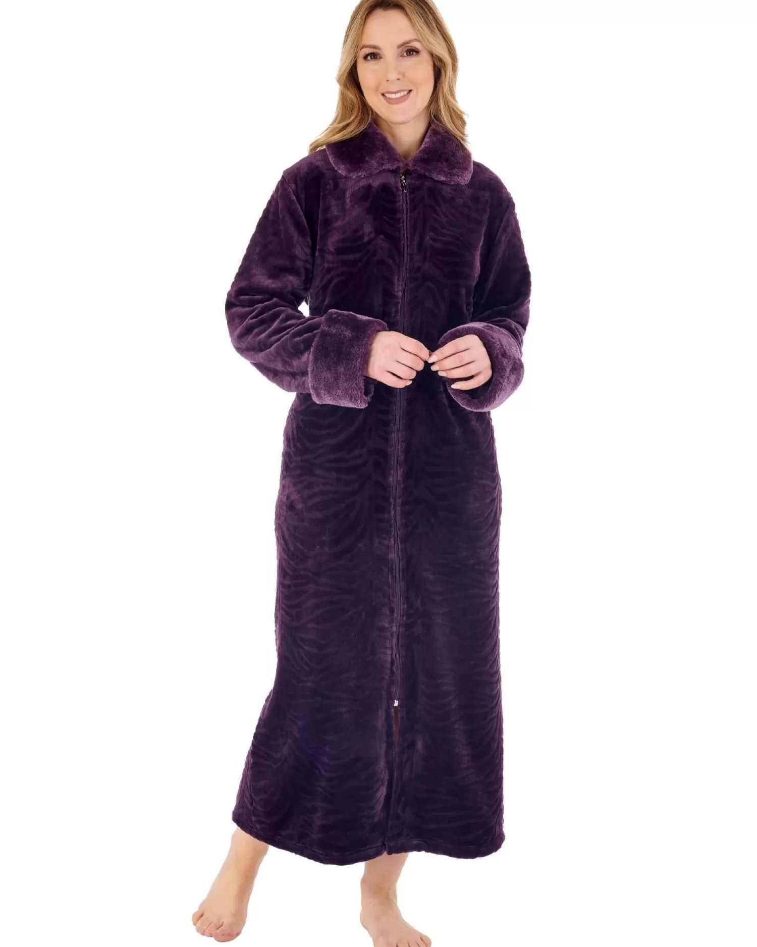 Slenderella Dressing Gowns | Fur Collar Embossed Zip Dressing Gown - Purple