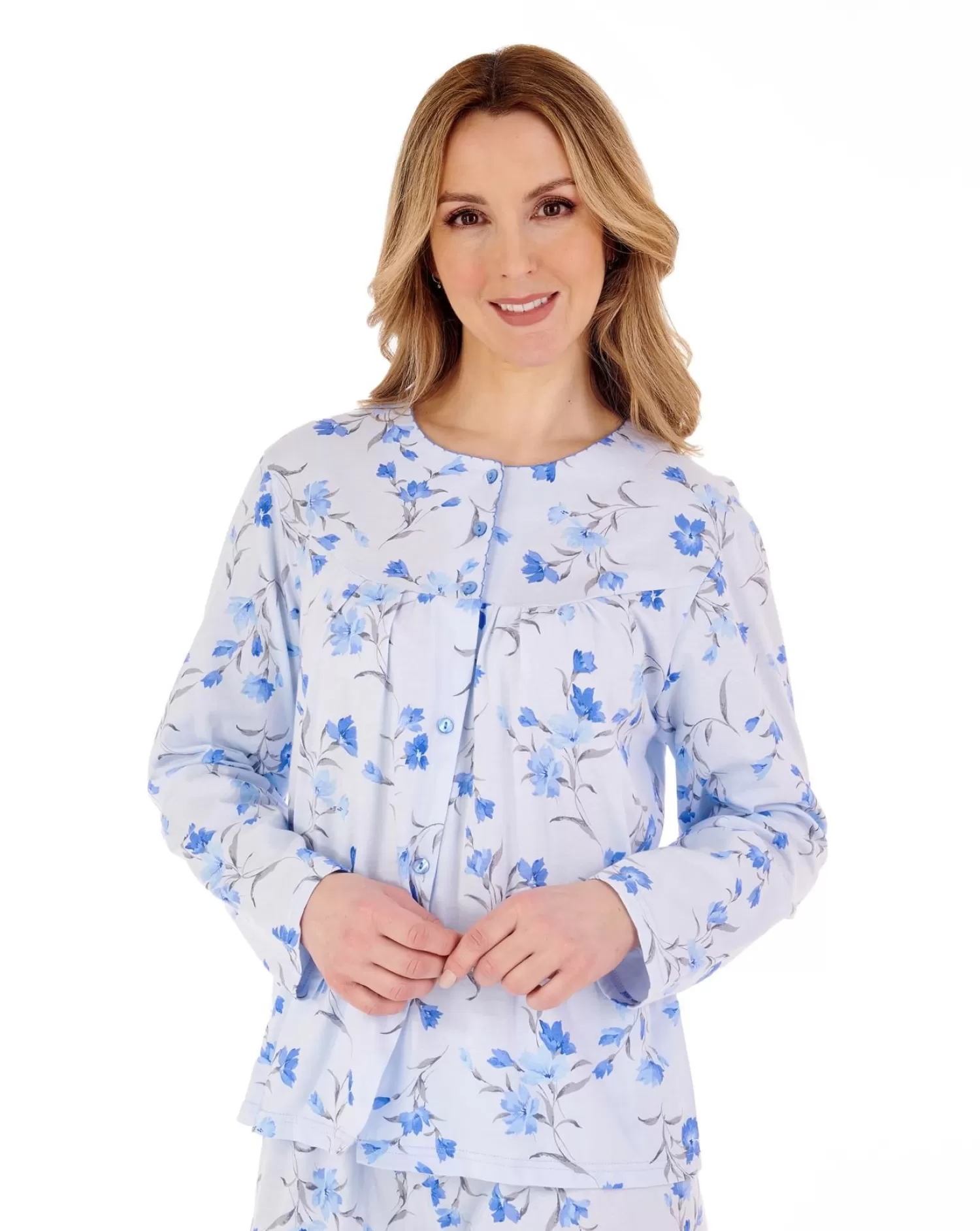 Slenderella Pyjamas | Long Sleeve Jersey Button Pyjamas - Blue