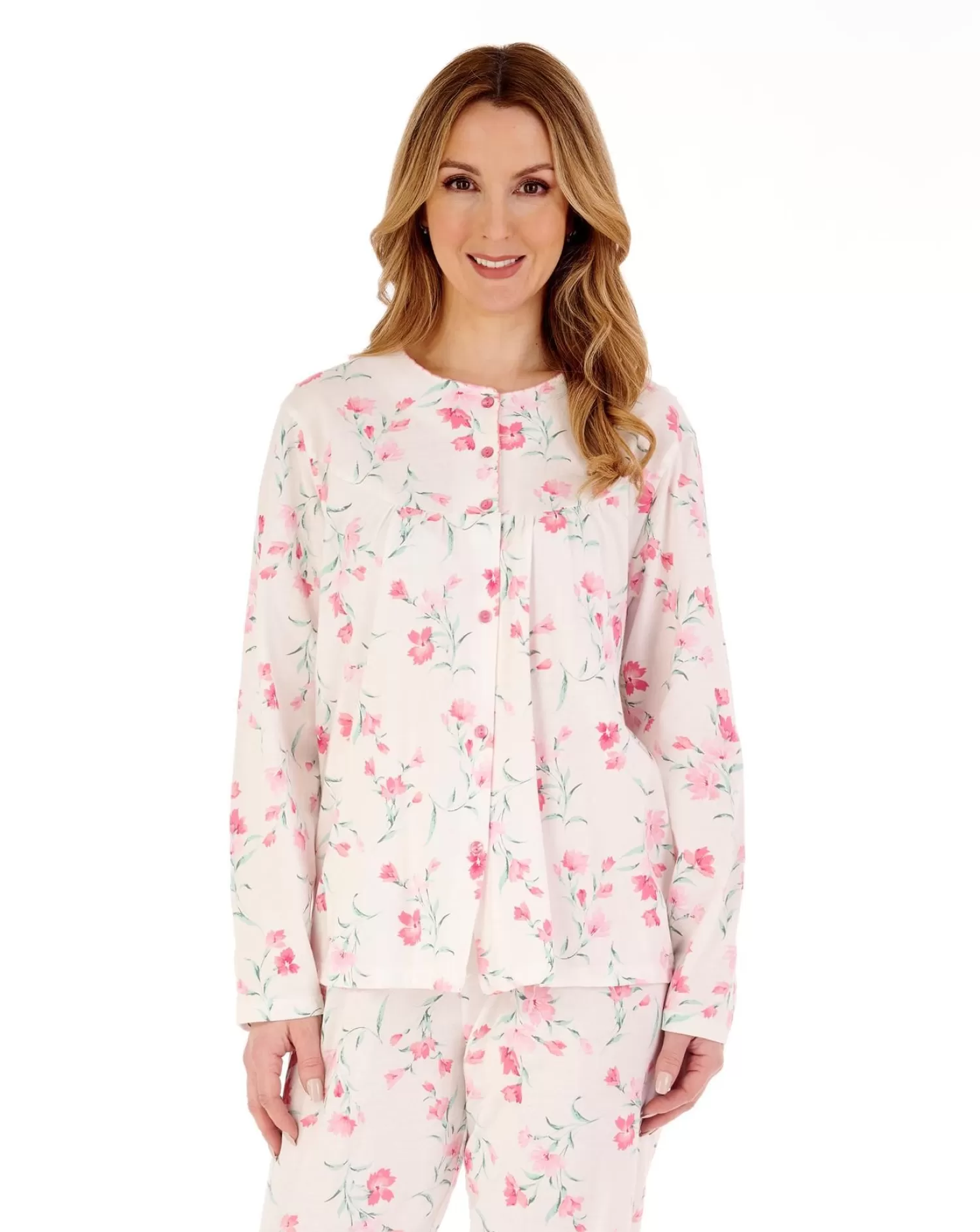 Slenderella Pyjamas | Long Sleeve Jersey Button Pyjamas - Ivory