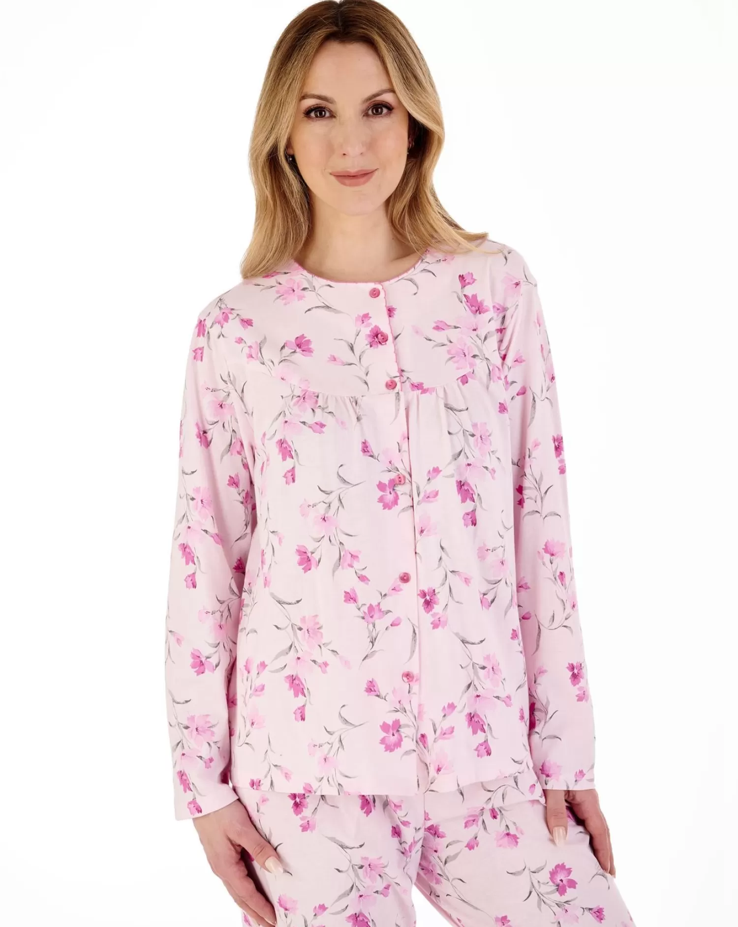 Slenderella Pyjamas | Long Sleeve Jersey Button Pyjamas - Pink