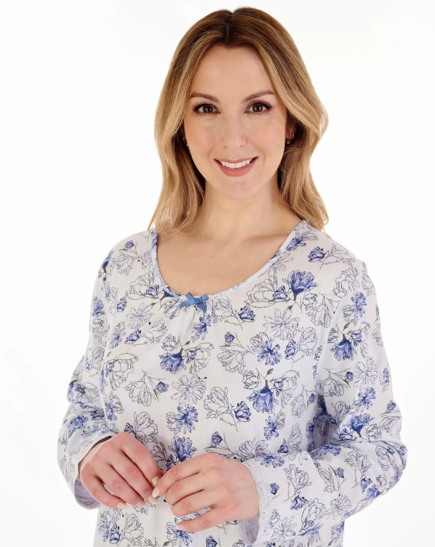 Slenderella Nighties | Long Sleeve Modern Floral Jersey Nightdress - Blue