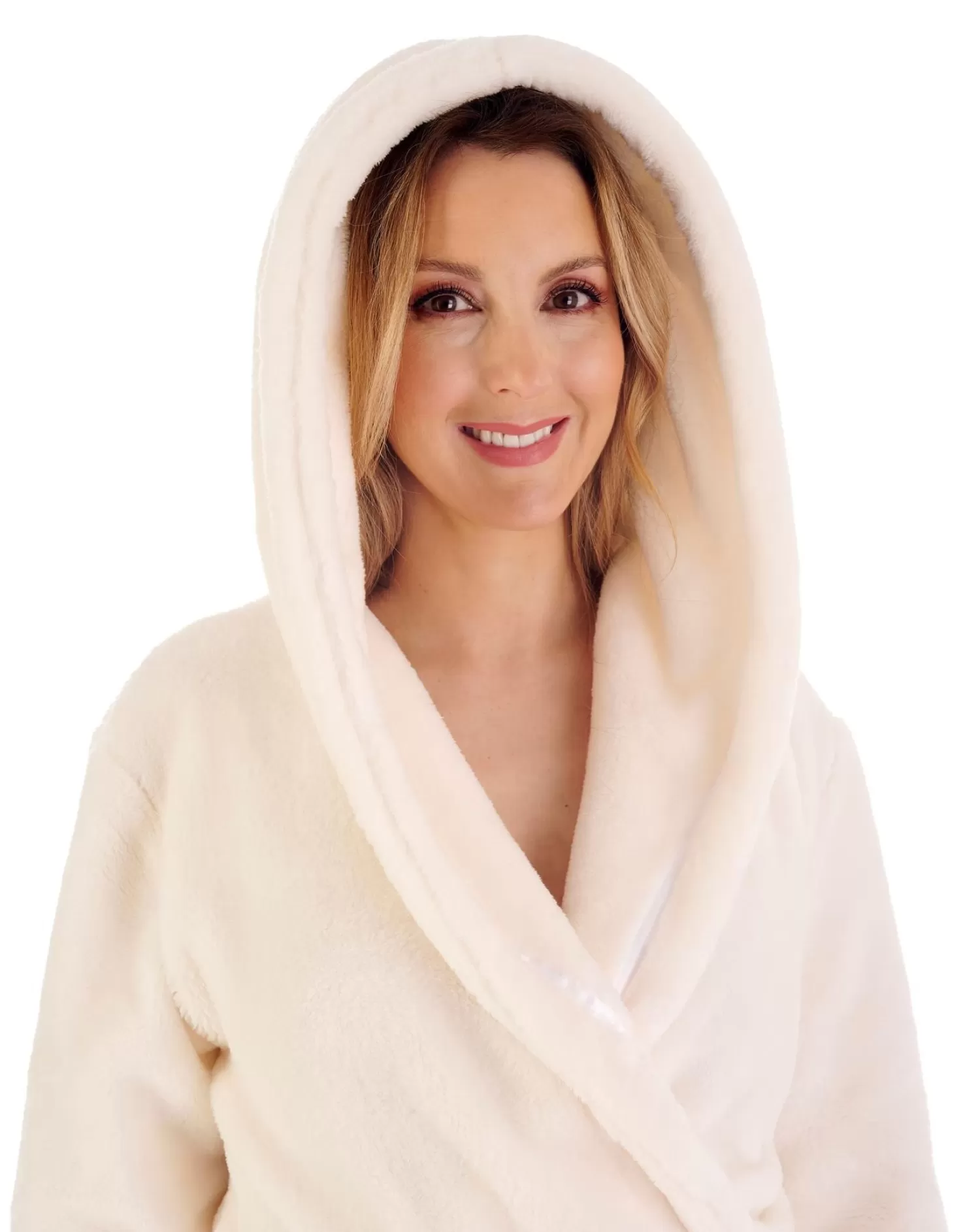 Slenderella Dressing Gowns | Luxury Flannel Fleece Hooded Robe - Cream