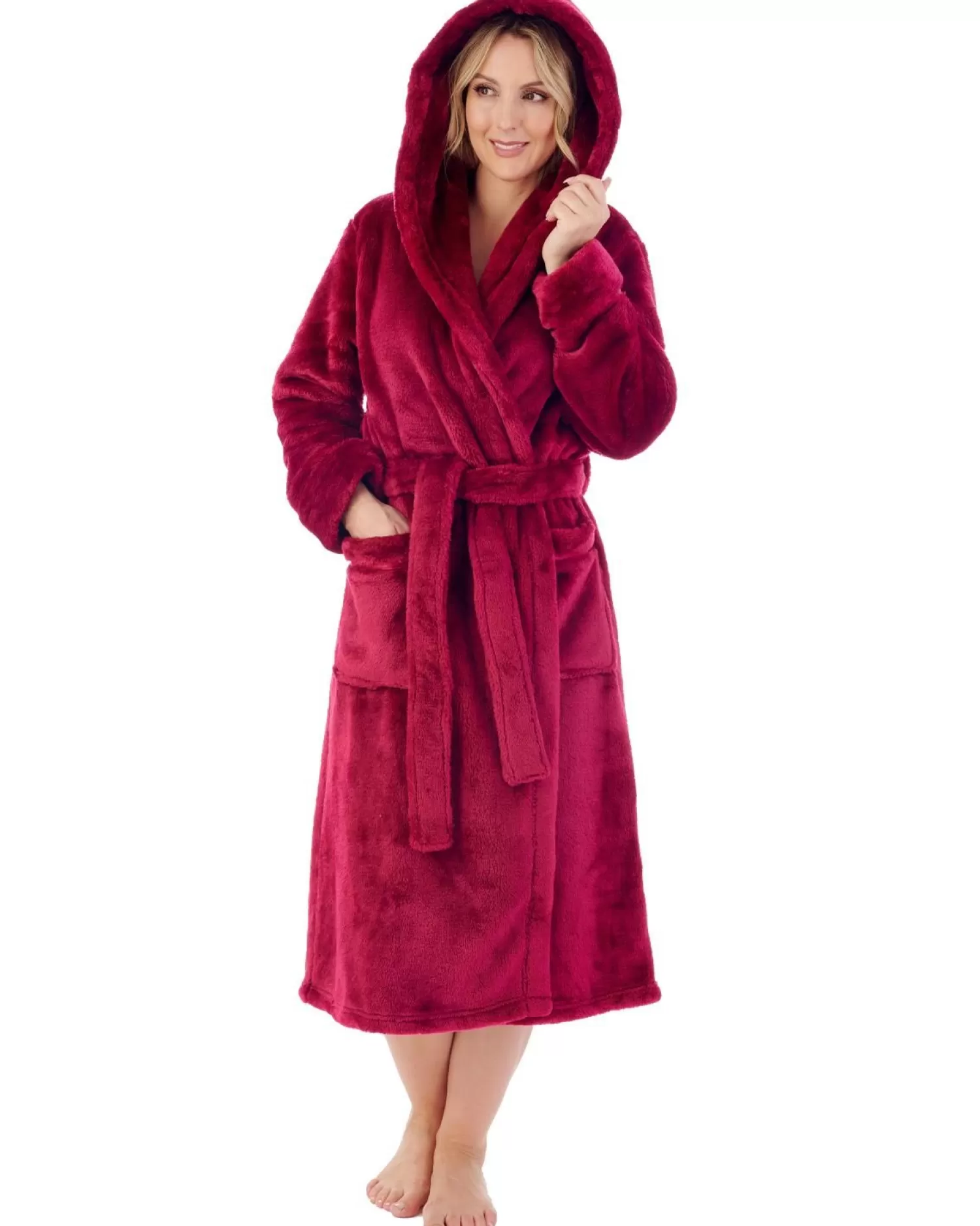 Slenderella Dressing Gowns | Luxury Flannel Fleece Hooded Robe - Raspberry