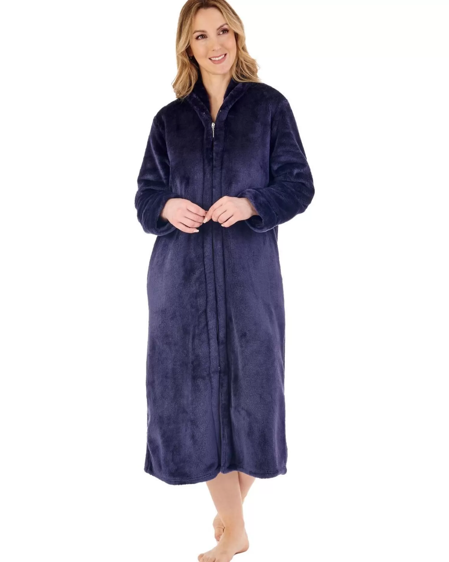 Slenderella Dressing Gowns | Luxury Flannel Fleece Zip Dressing Gown - Indigo