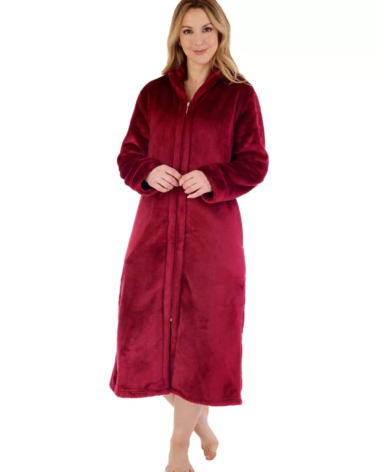 Slenderella Dressing Gowns | Luxury Flannel Fleece Zip Dressing Gown - Raspberry