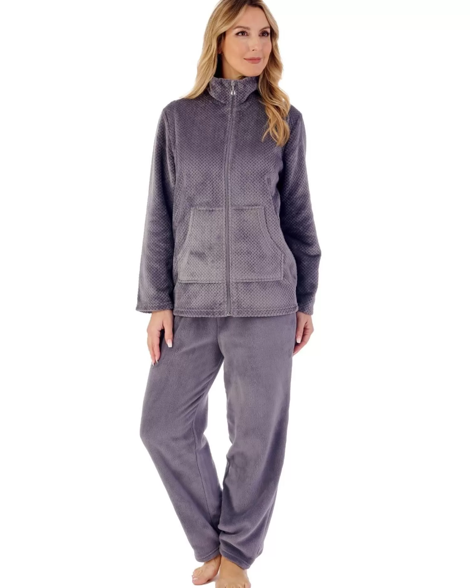 Slenderella Pyjamas | Mini Waffle Zip Up Fleece Pyjamas - Grey