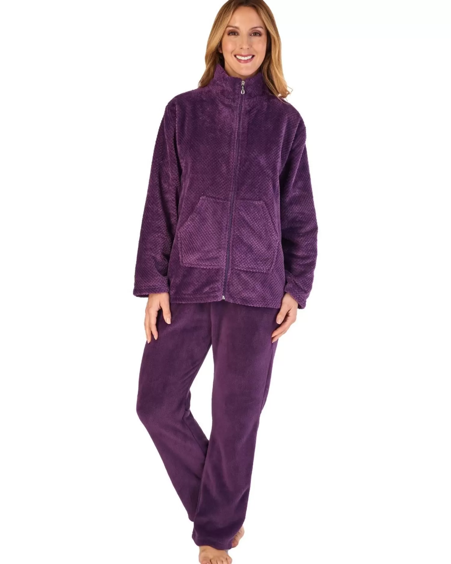 Slenderella Pyjamas | Mini Waffle Zip Up Fleece Pyjamas - Plum