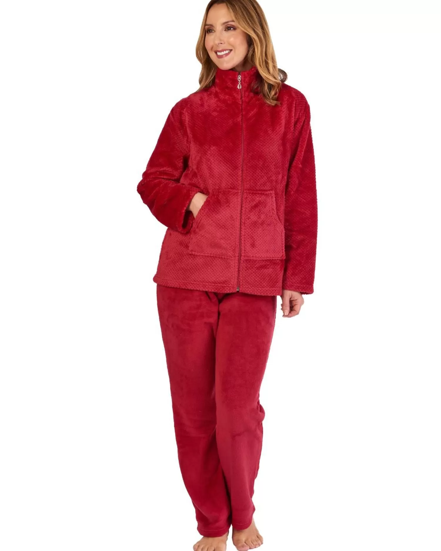 Slenderella Pyjamas | Mini Waffle Zip Up Fleece Pyjamas - Red