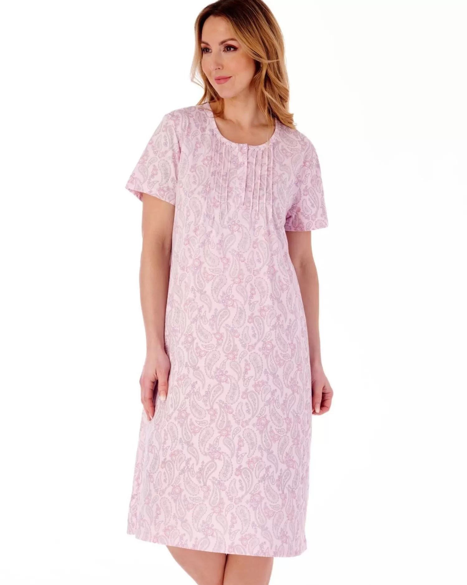 Slenderella Nighties | Paisley Floral Short Sleeve Nightie - Pink