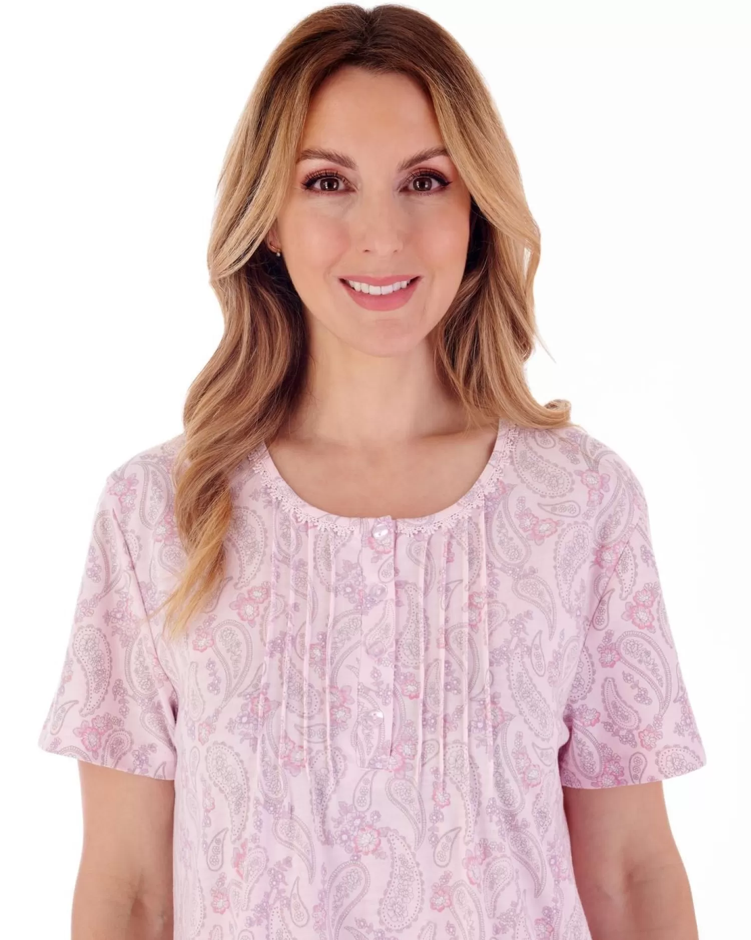 Slenderella Nighties | Paisley Floral Short Sleeve Nightie - Pink