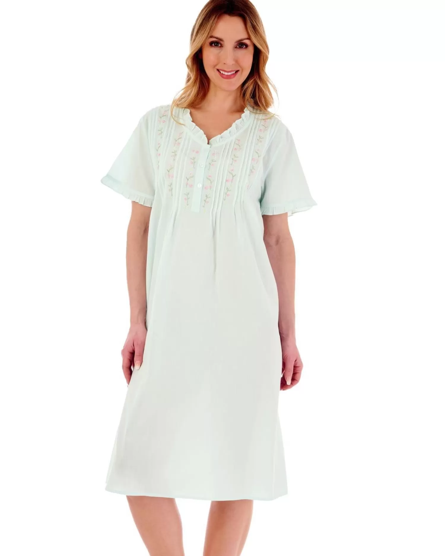 Slenderella Nighties | Pintuck & Ruffle Short Sleeve Woven Nightdress - Mint