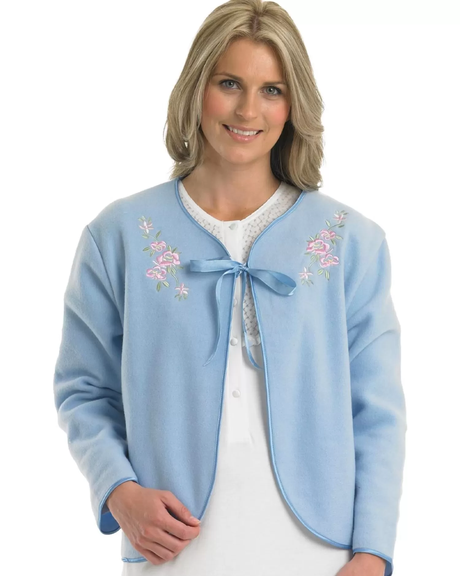 Slenderella Dressing Gowns | Polar Fleece Ribbon Tie Bed Jacket - Blue