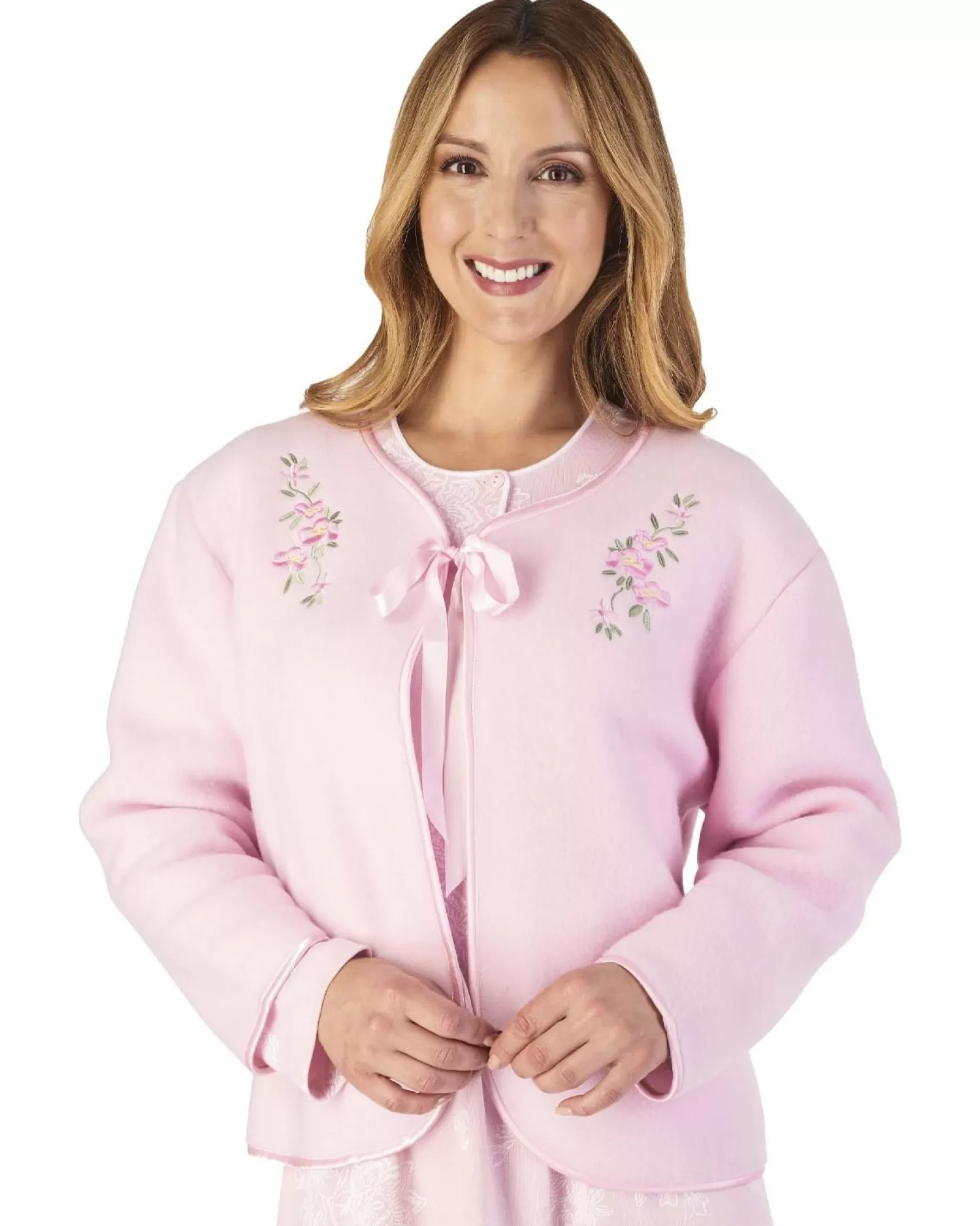 Slenderella Dressing Gowns | Polar Fleece Ribbon Tie Bed Jacket - Pink