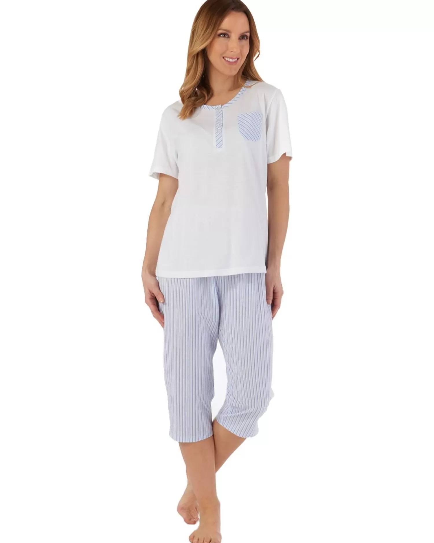 Slenderella Pyjamas | Seersucker Cropped Pyjamas - Blue