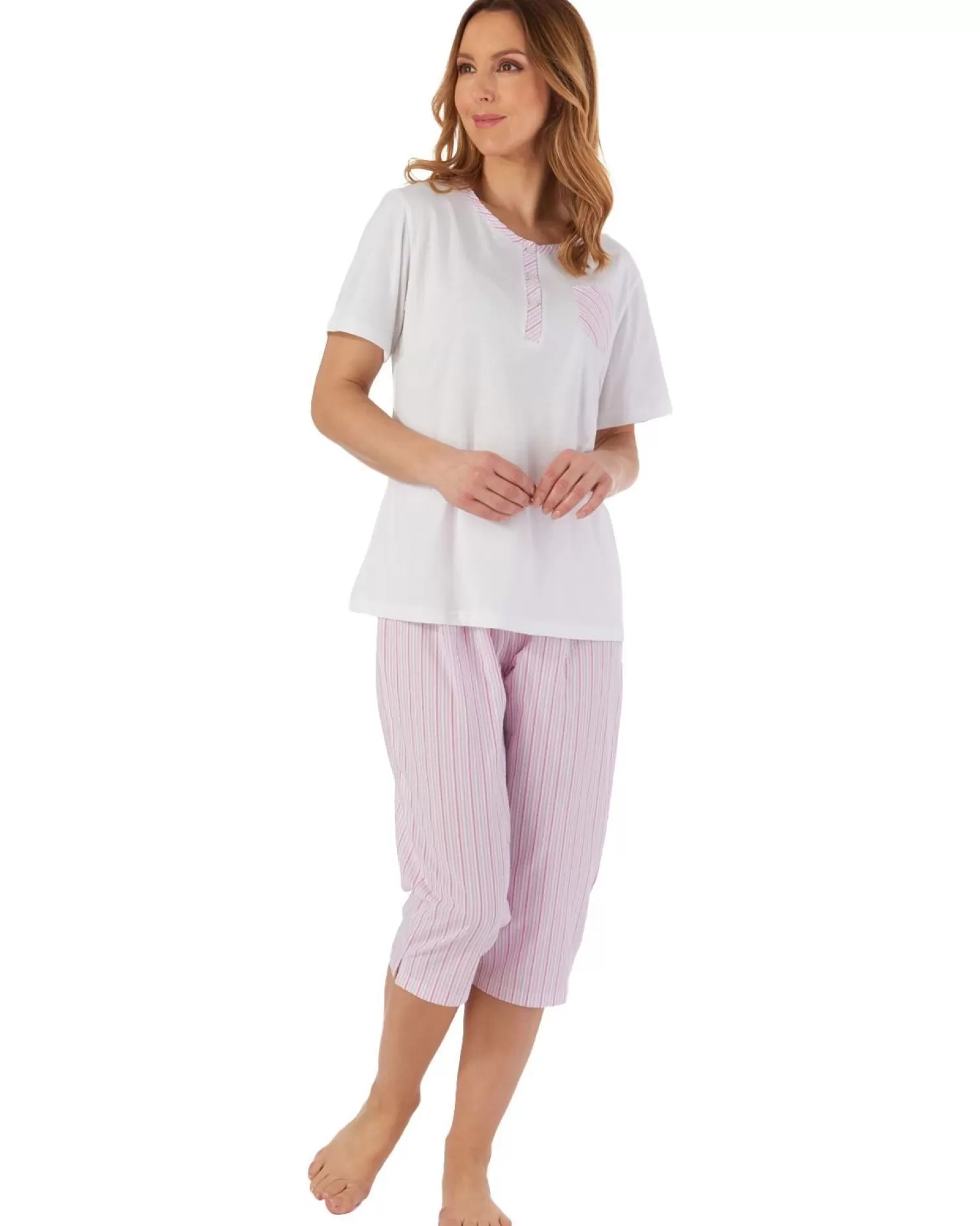 Slenderella Pyjamas | Seersucker Cropped Pyjamas - Pink