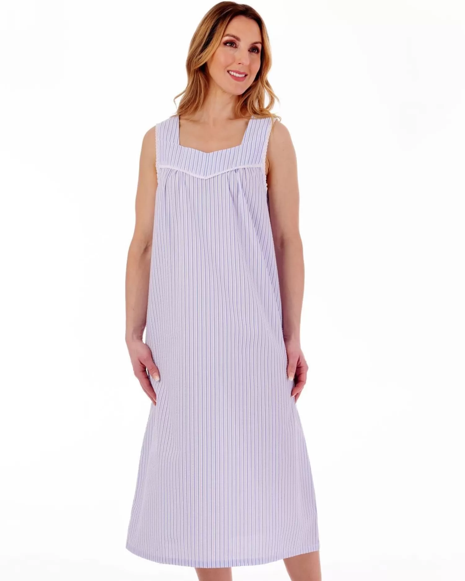 Slenderella Nighties | Seersucker Sleeveless Nightie - Blue