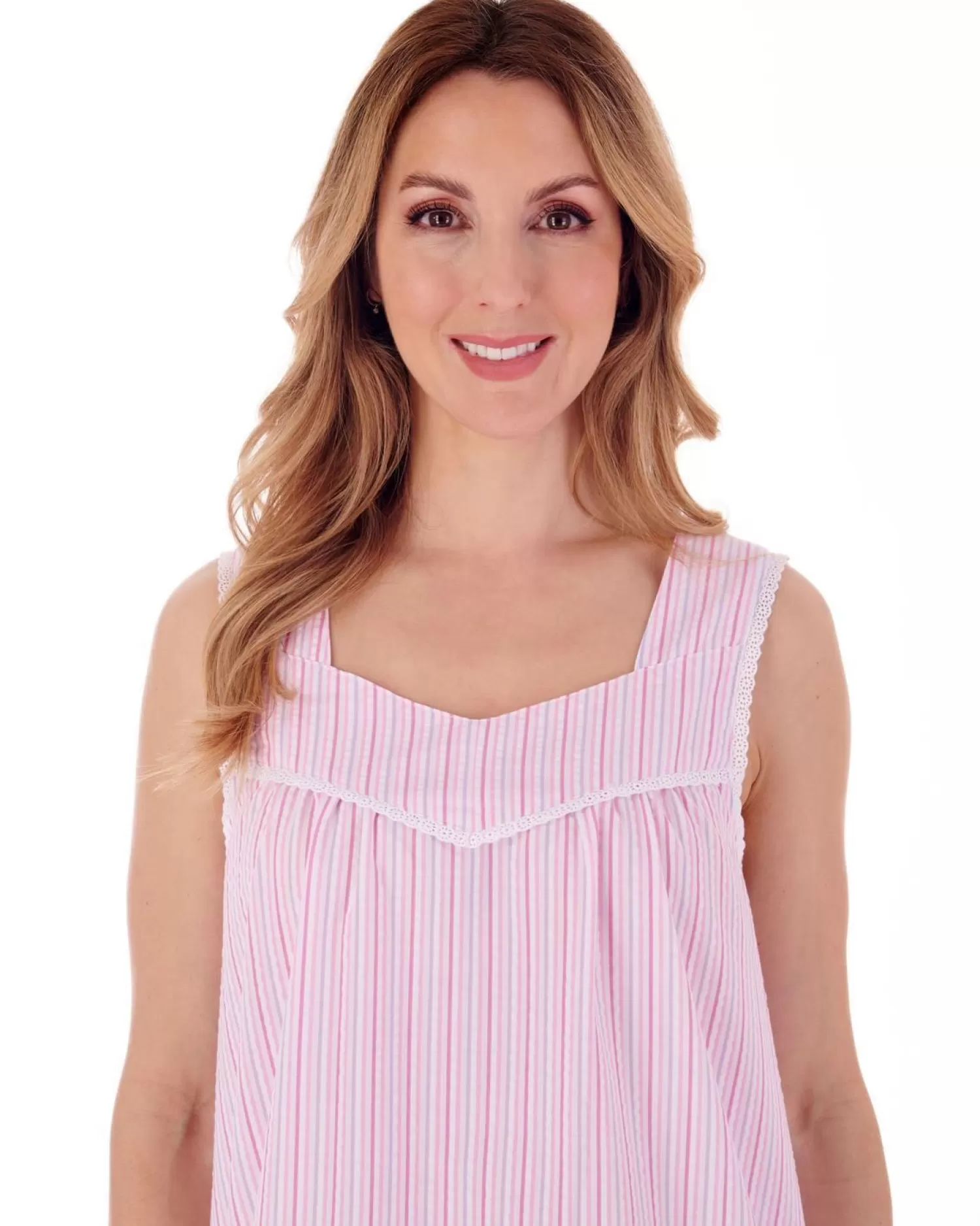 Slenderella Nighties | Seersucker Sleeveless Nightie - Pink