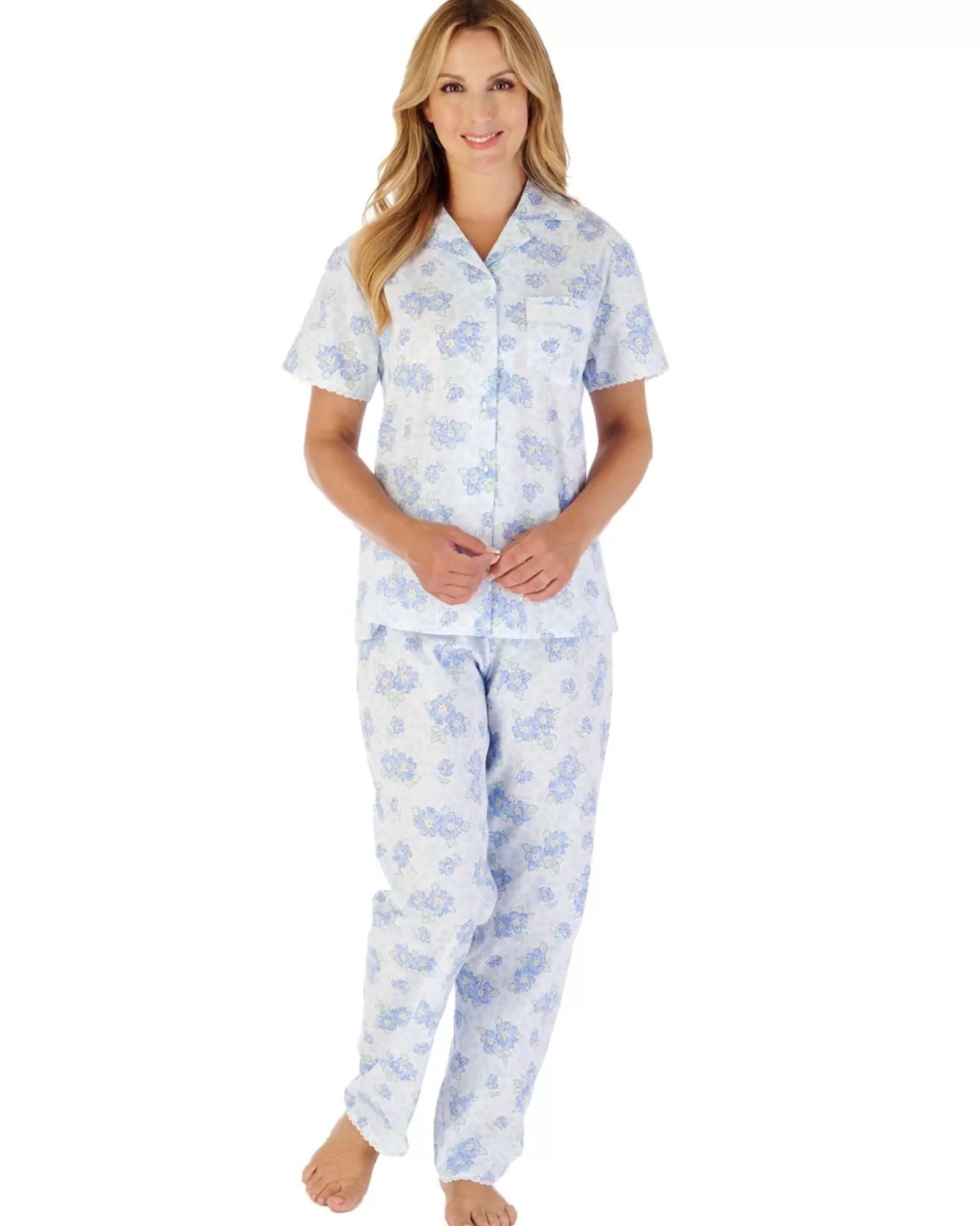 Slenderella Pyjamas | Shadow Leaf Floral Button Cotton Pyjamas - Blue