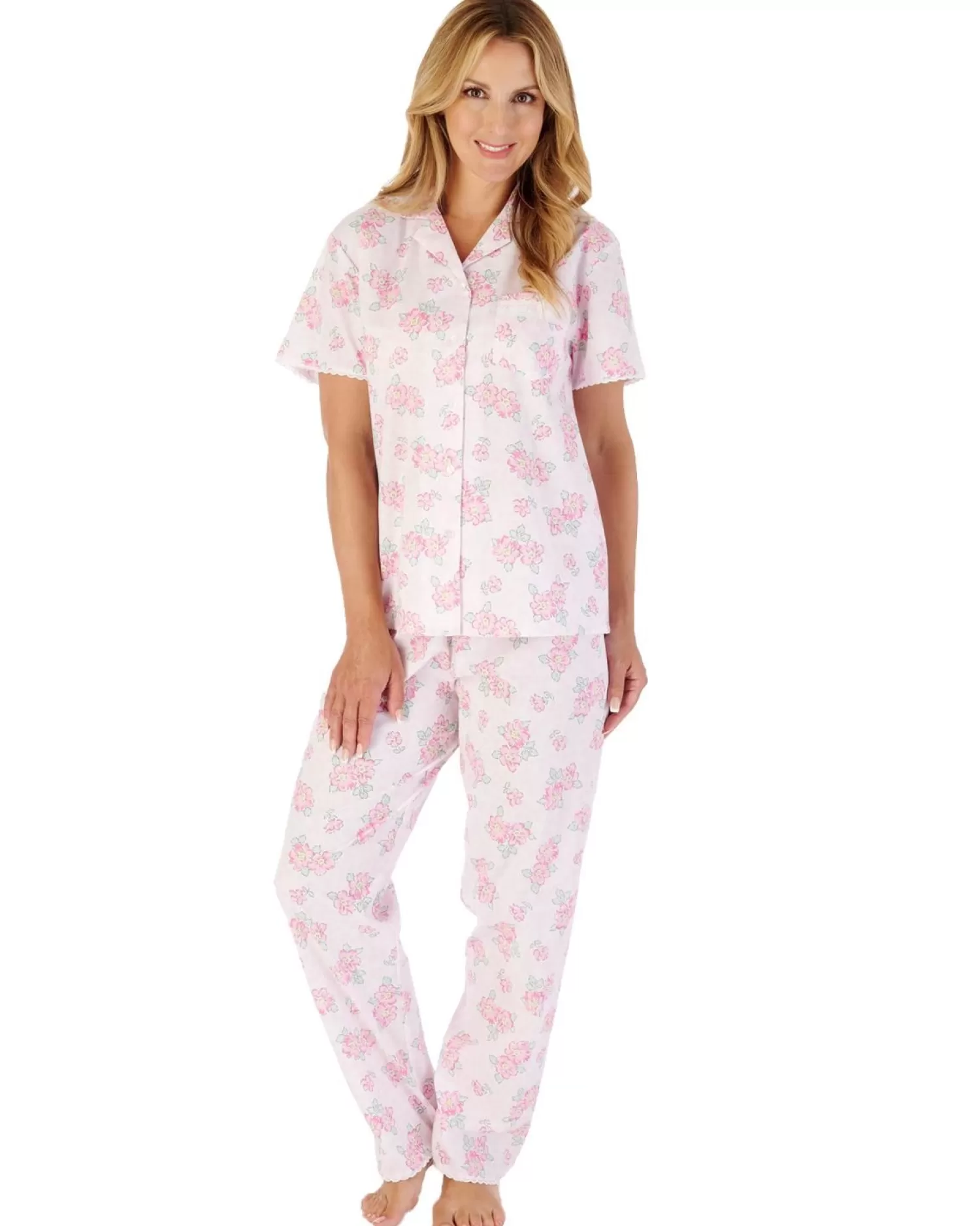 Slenderella Pyjamas | Shadow Leaf Floral Button Cotton Pyjamas - Pink