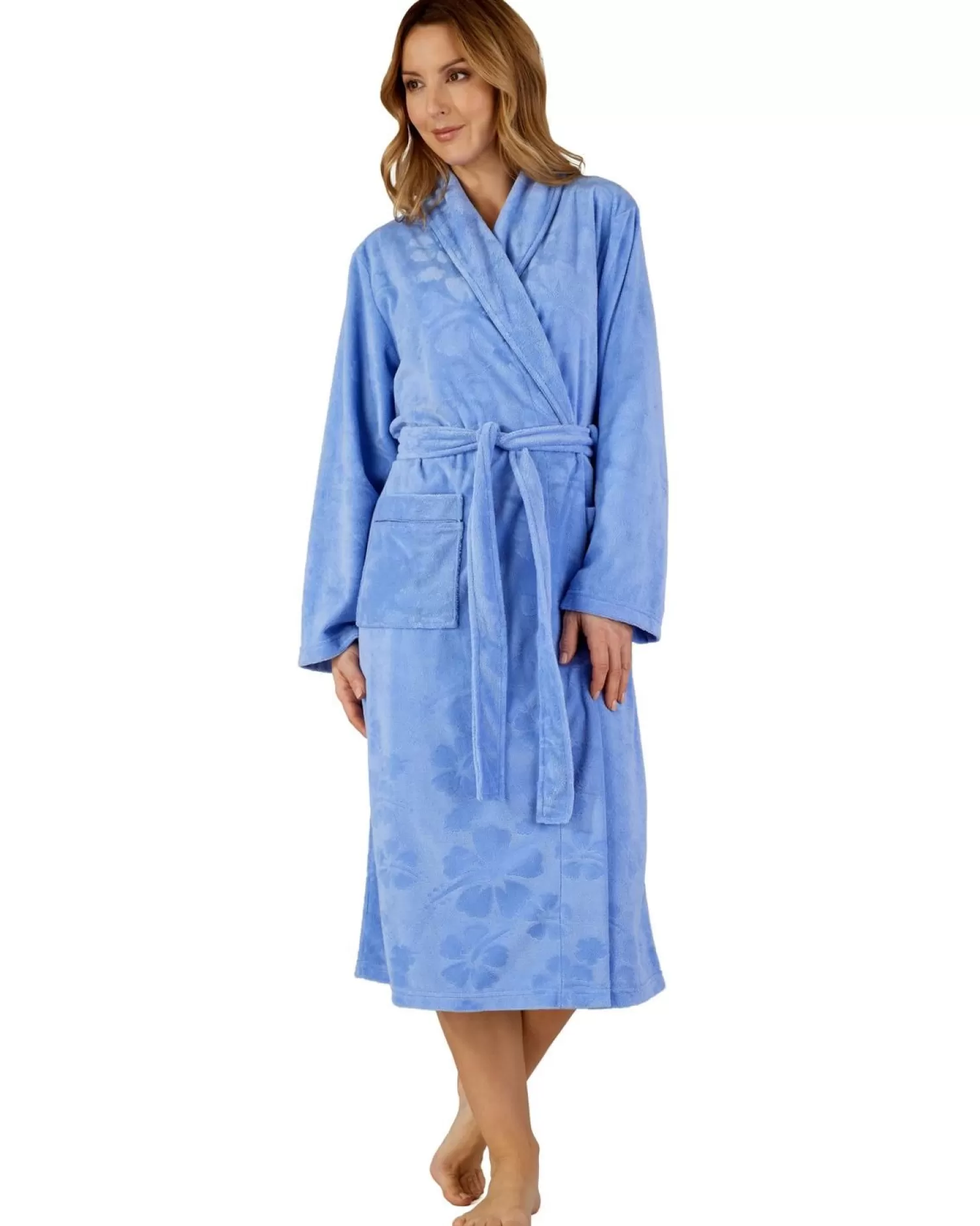 Slenderella Dressing Gowns | Shawl Collar Floral Embossed Gown - Blue