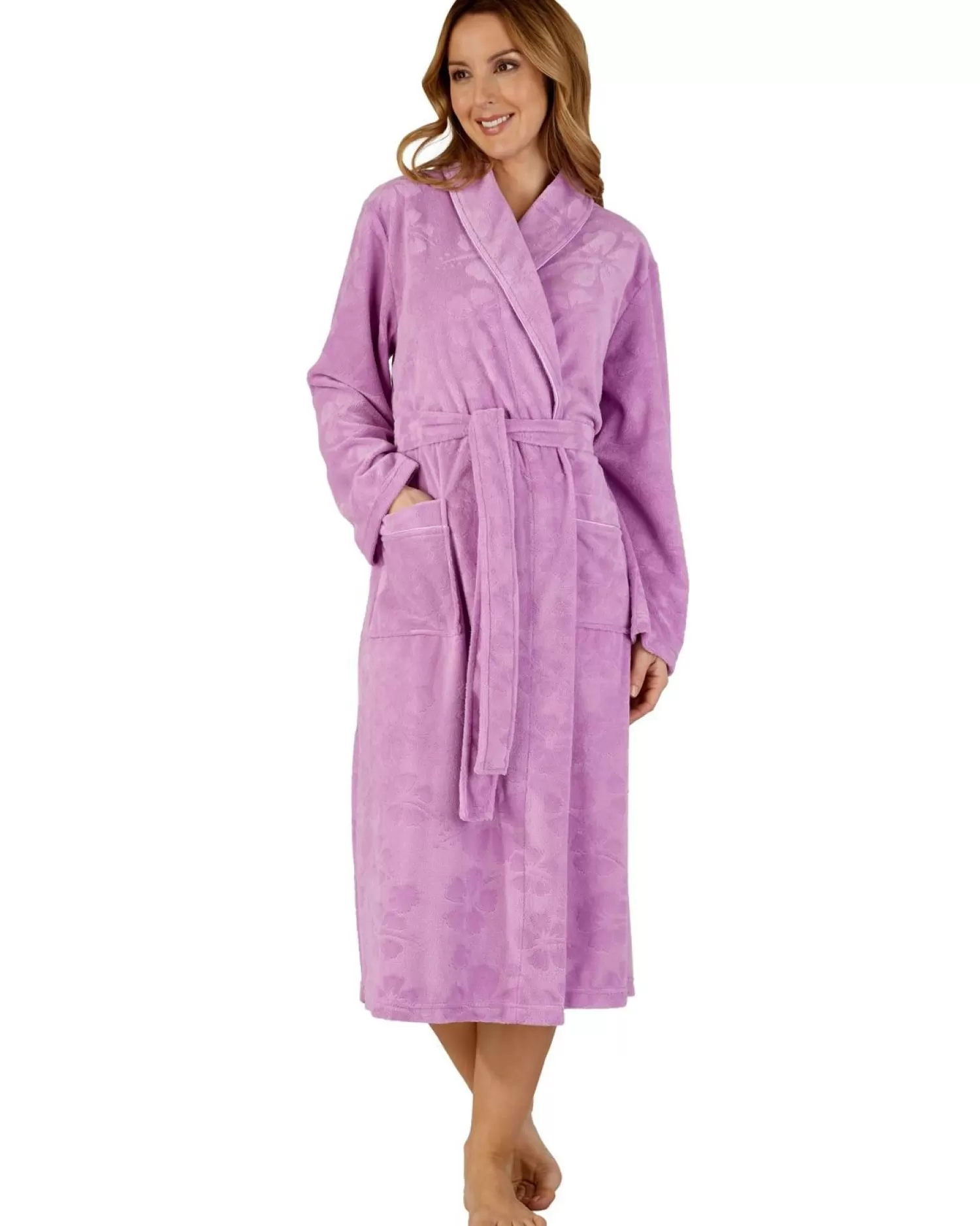 Slenderella Dressing Gowns | Shawl Collar Floral Embossed Gown - Lilac