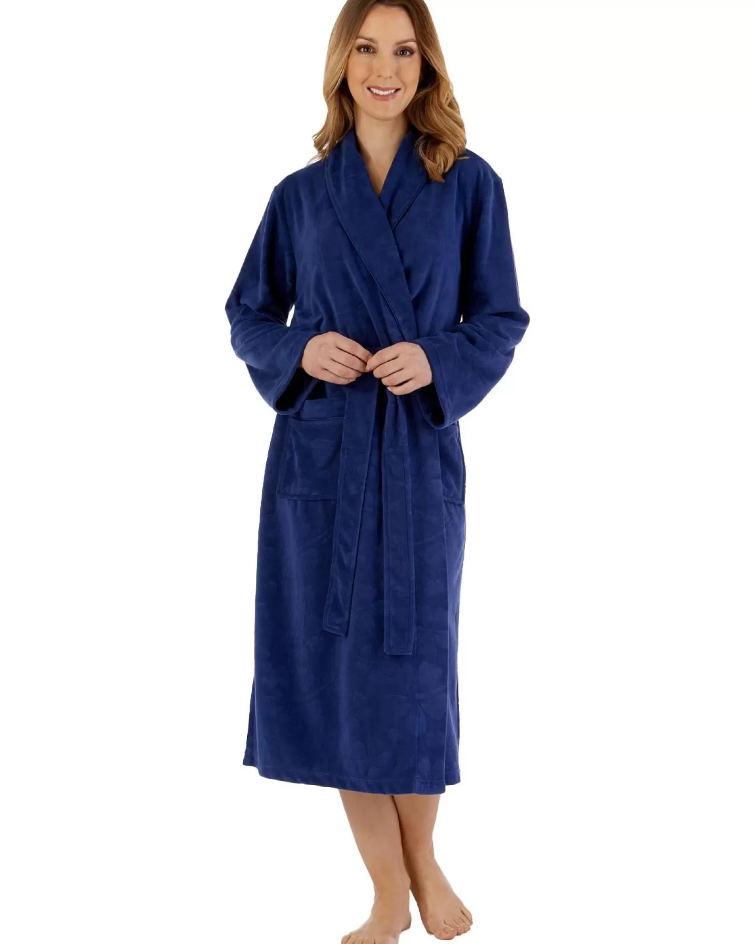 Slenderella Dressing Gowns | Shawl Collar Floral Embossed Gown - Navy