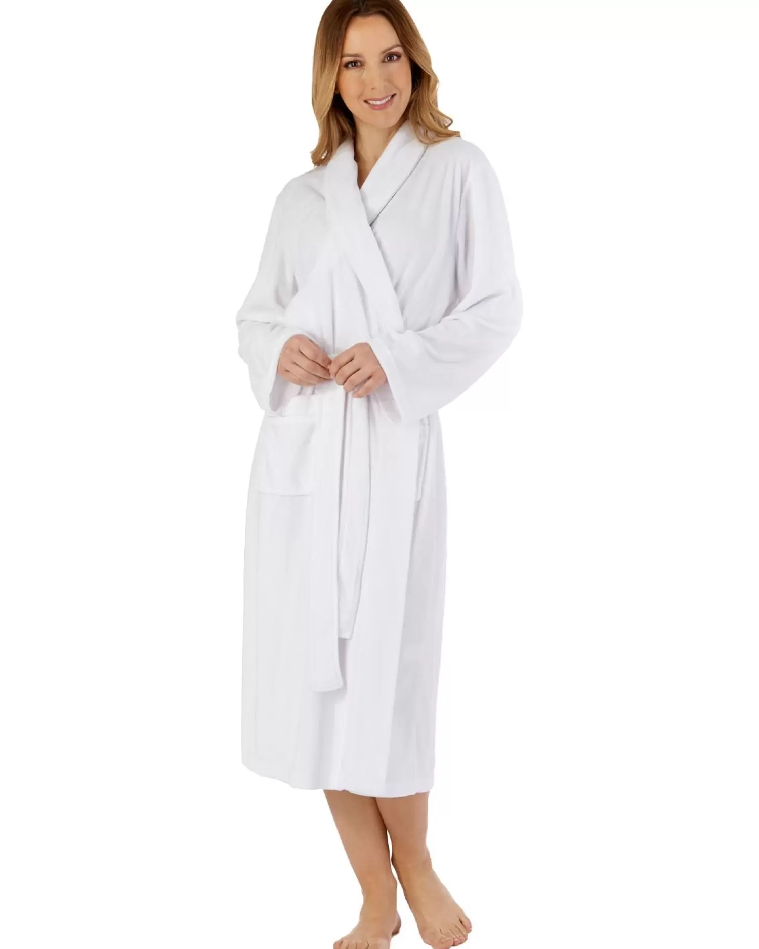 Slenderella Dressing Gowns | Shawl Collar Floral Embossed Gown - White