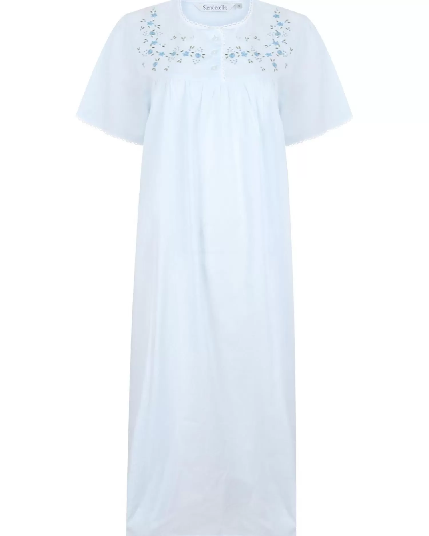 Slenderella Nighties | Short Sleeve Embroidered Yoke Nightdress - Blue