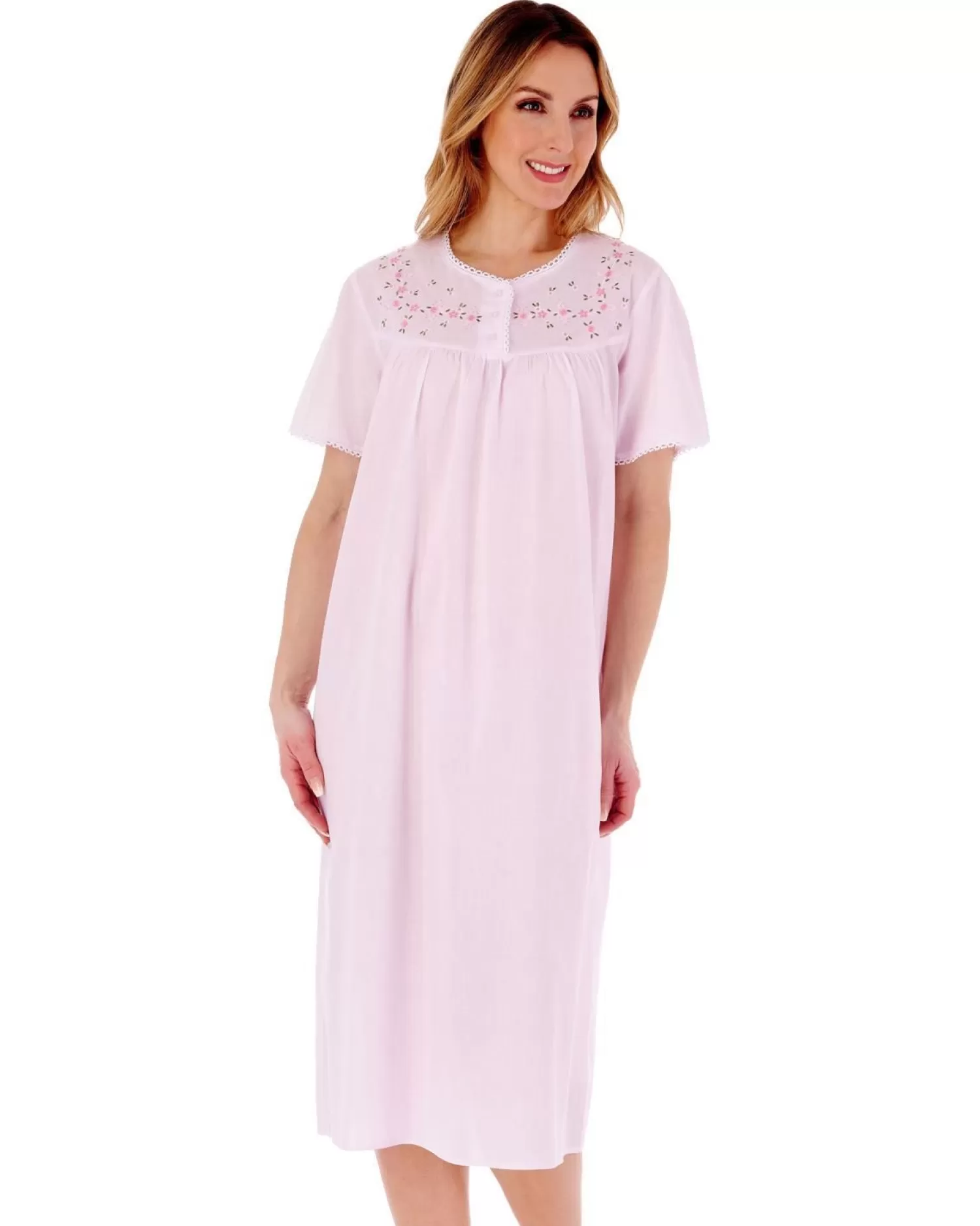 Slenderella Nighties | Short Sleeve Embroidered Yoke Nightdress - Pink