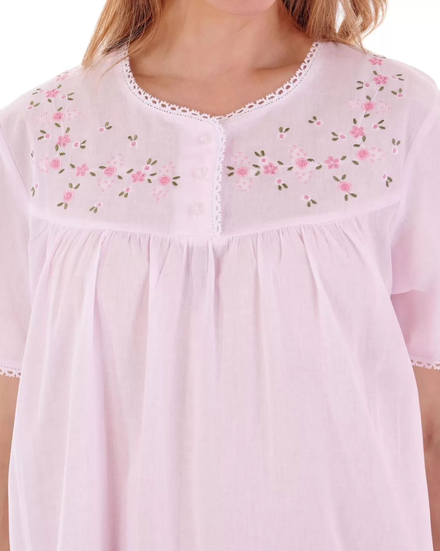 Slenderella Nighties | Short Sleeve Embroidered Yoke Nightdress - Pink