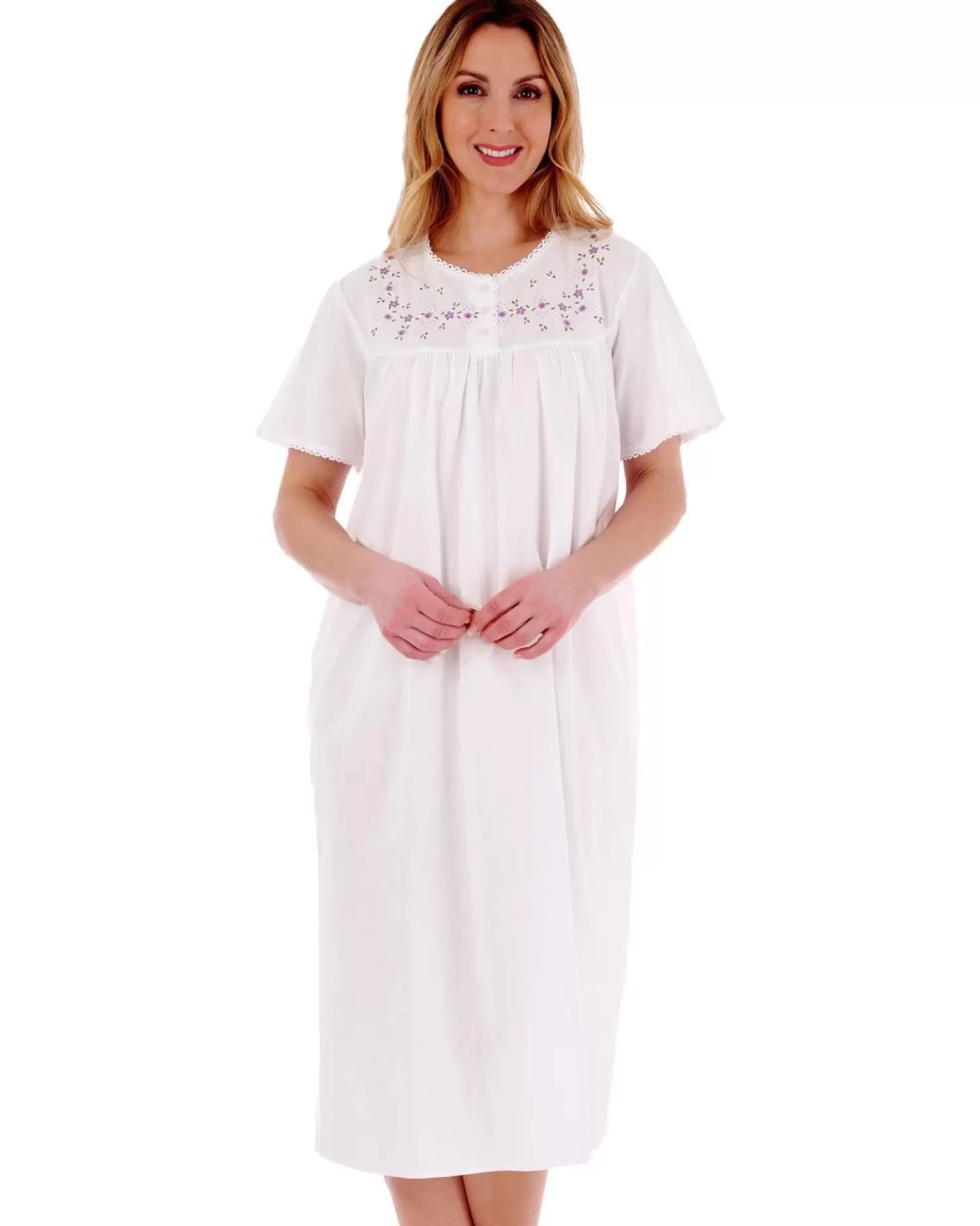 Slenderella Nighties | Short Sleeve Embroidered Yoke Nightdress - White