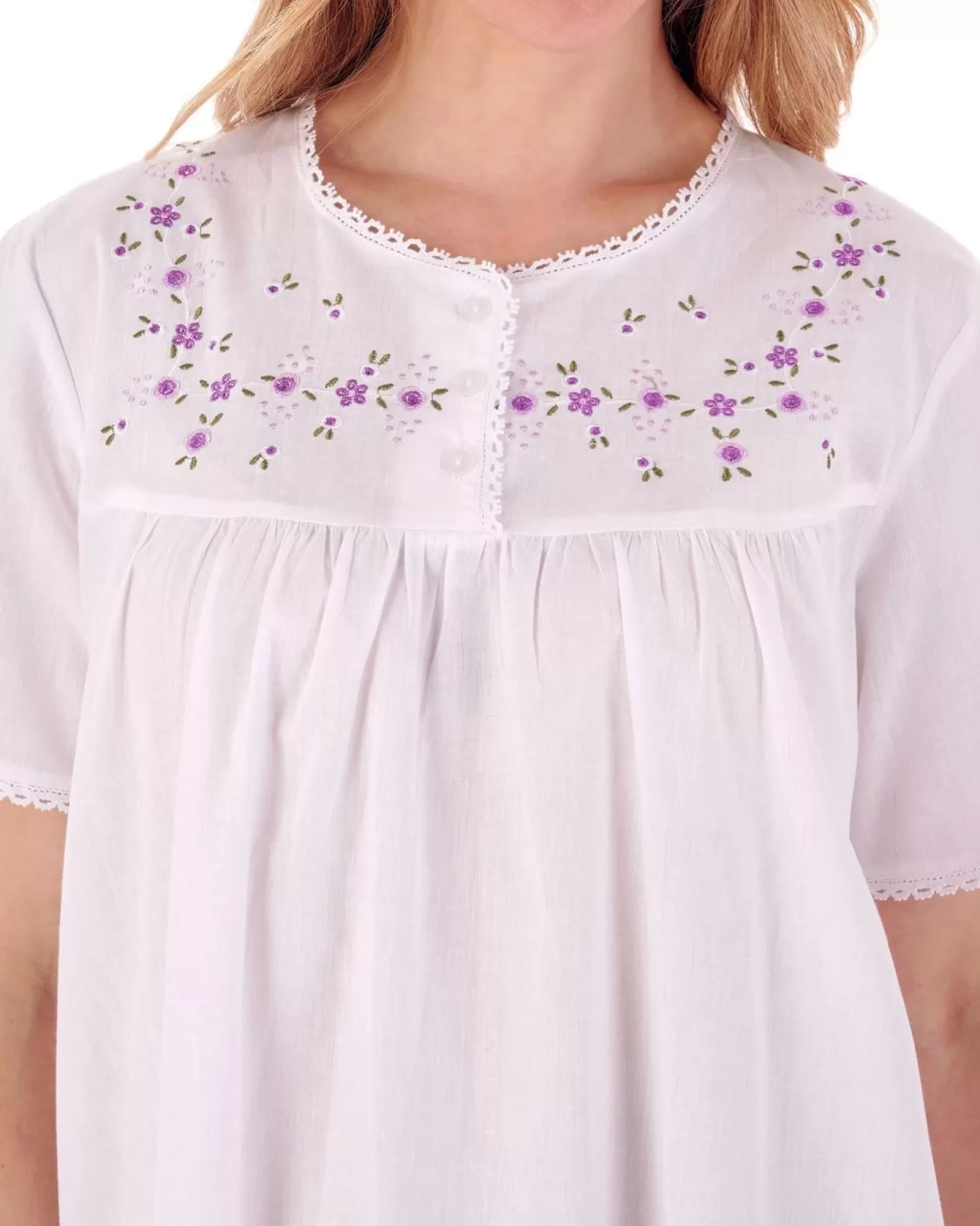 Slenderella Nighties | Short Sleeve Embroidered Yoke Nightdress - White