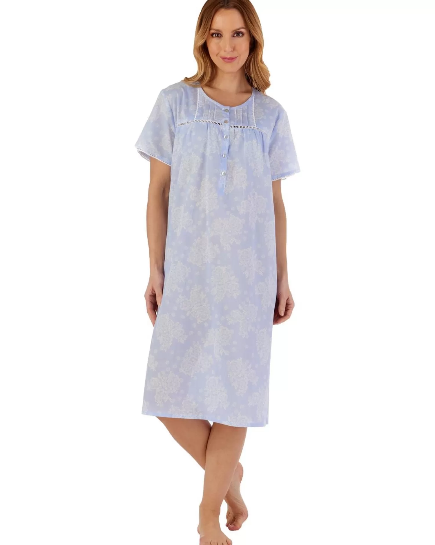 Slenderella Nighties | Short Sleeve Floral Woven Nightdress - Blue