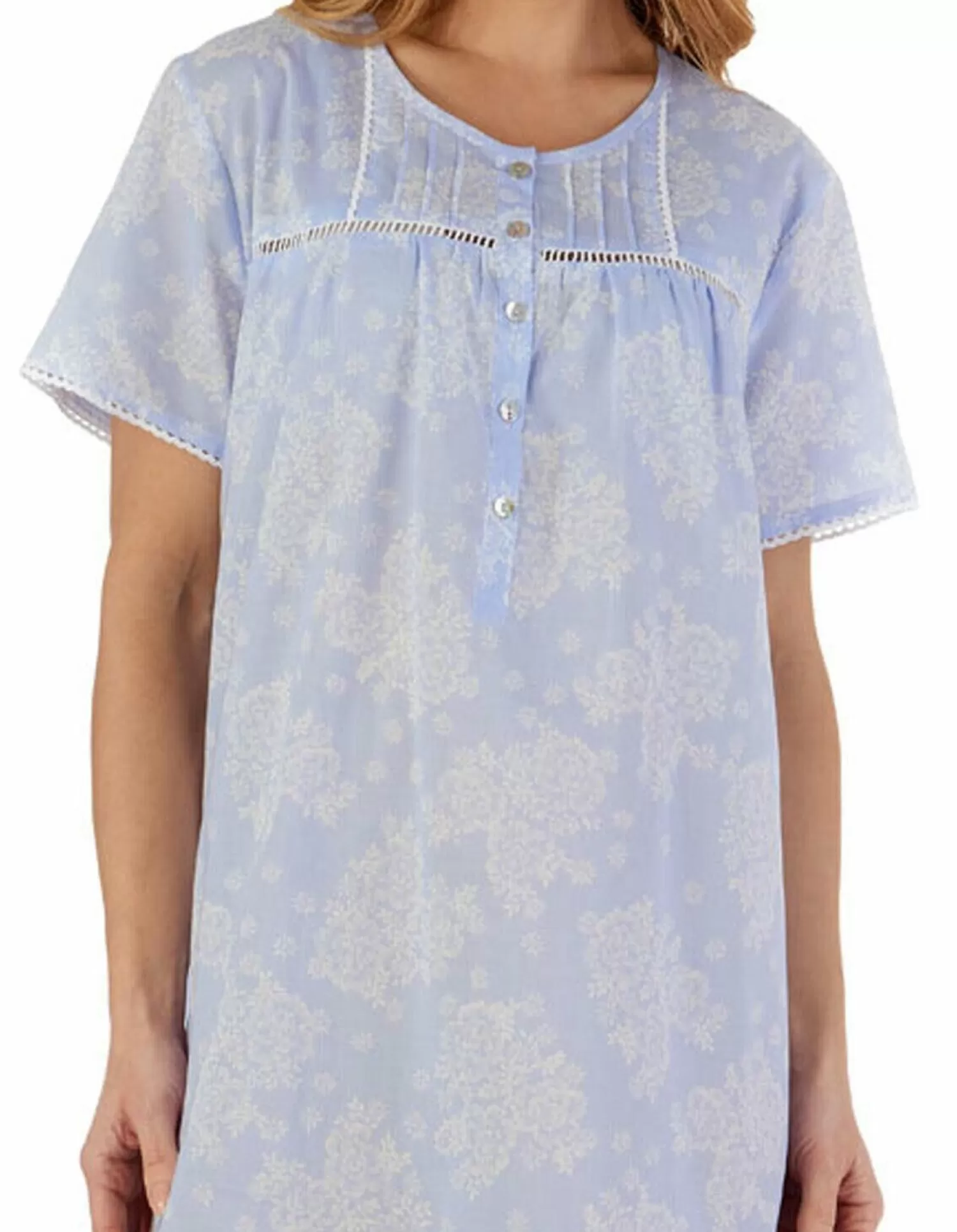 Slenderella Nighties | Short Sleeve Floral Woven Nightdress - Blue