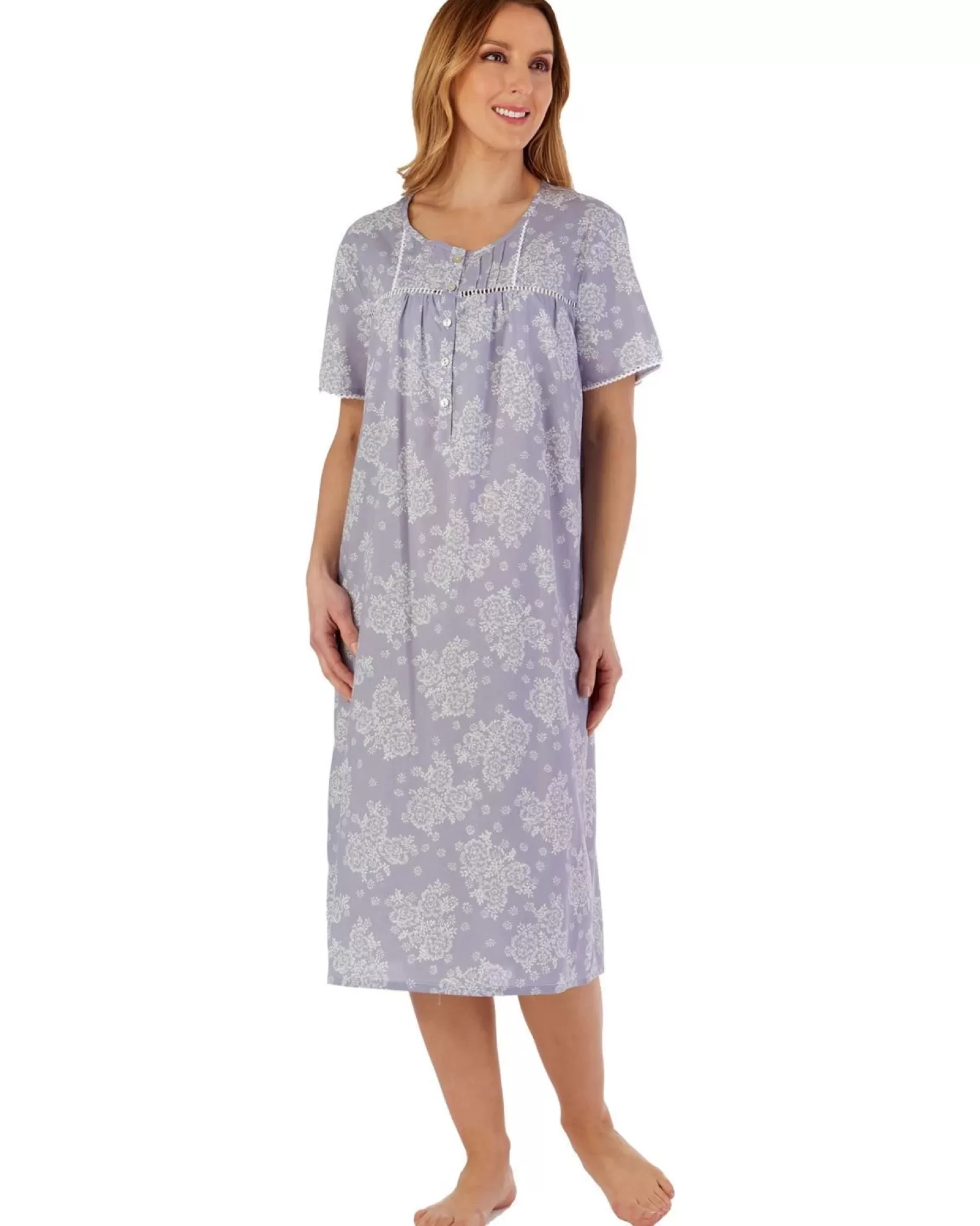 Slenderella Nighties | Short Sleeve Floral Woven Nightdress - Grey