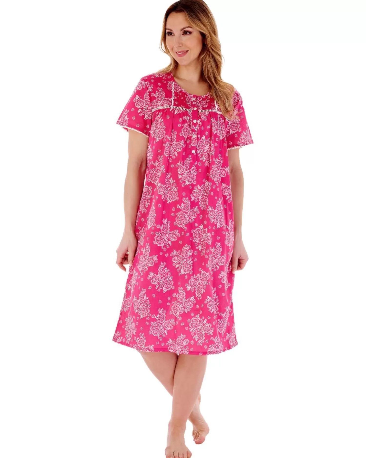 Slenderella Nighties | Short Sleeve Floral Woven Nightdress - Raspberry